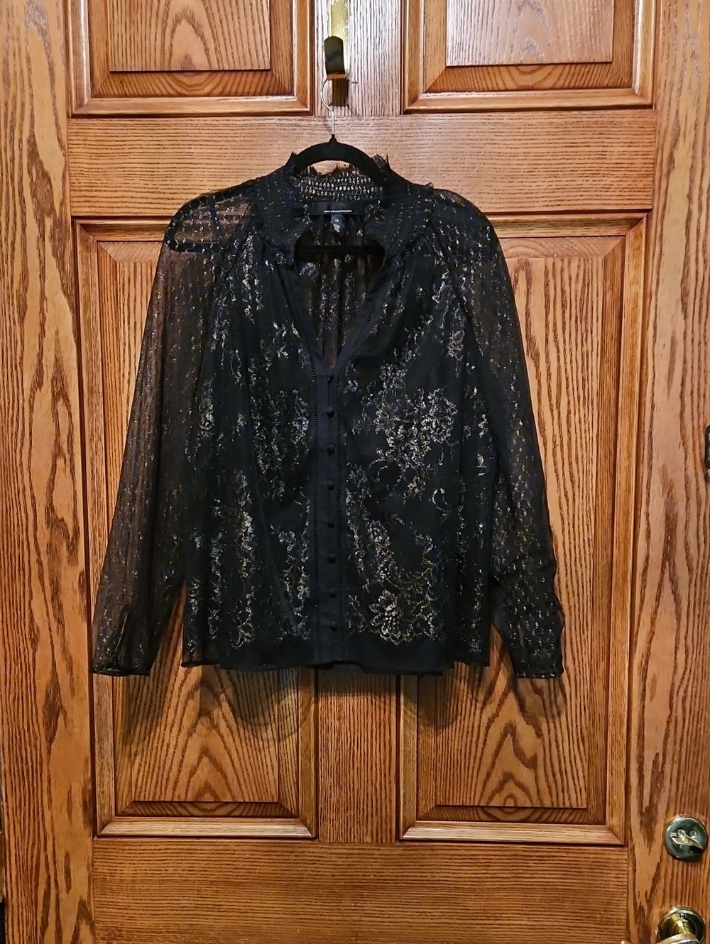 WHBM Black Lace Button-Front Sheer Blouse
